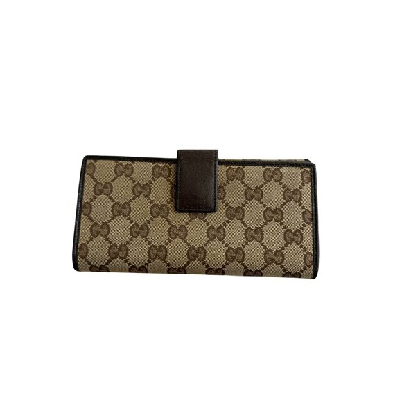 GUCCI Brown Leather Canvas Logo Long Wallet - Picture 6 of 10